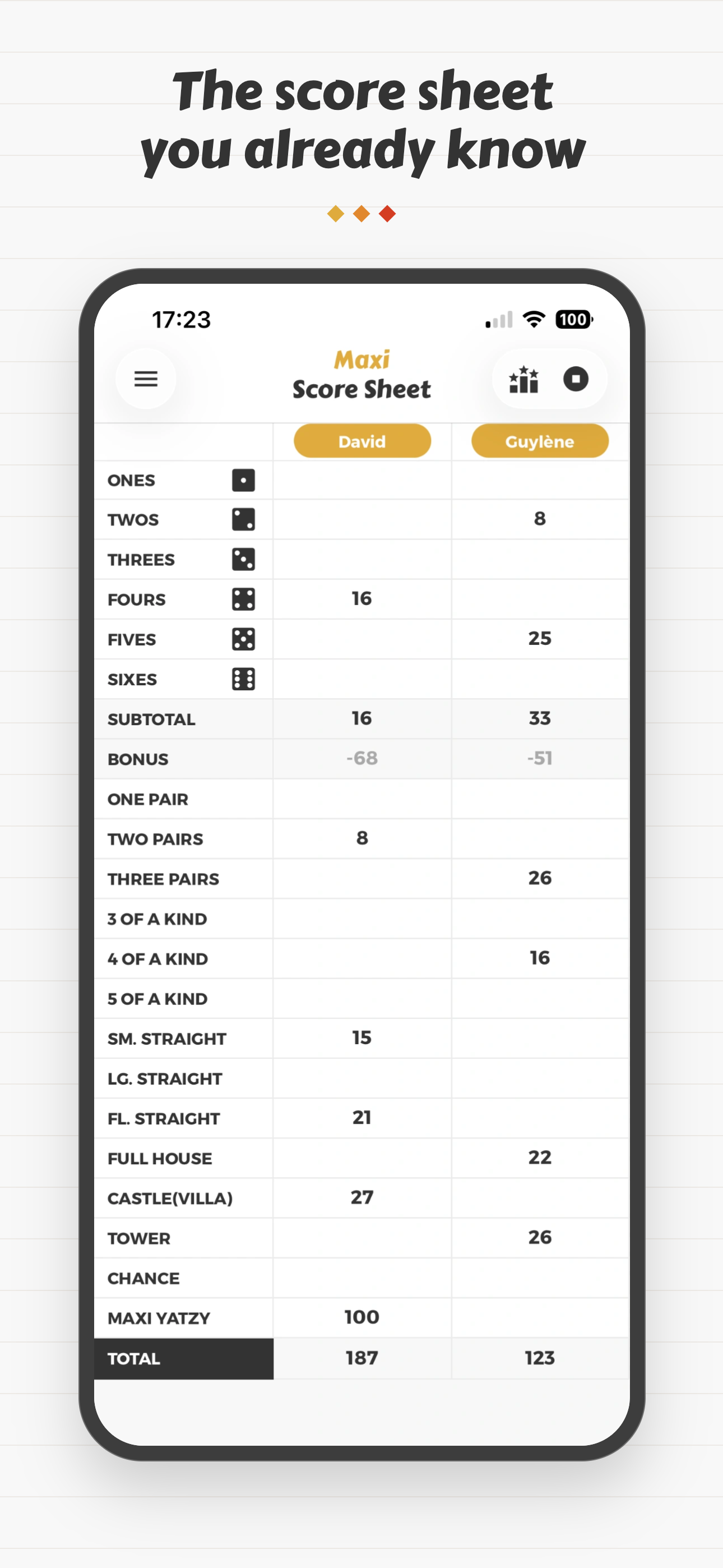 The score grid during a game